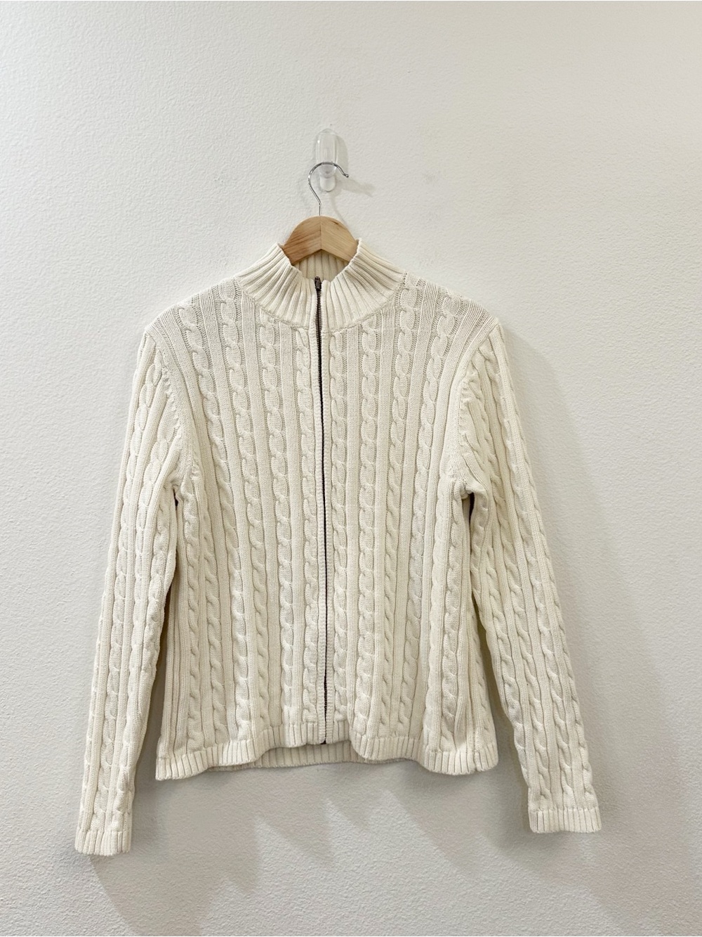 L.L. Bean Women's Cable Knit Full Zip Mock Neck Sweater Cardigan Size S Cream